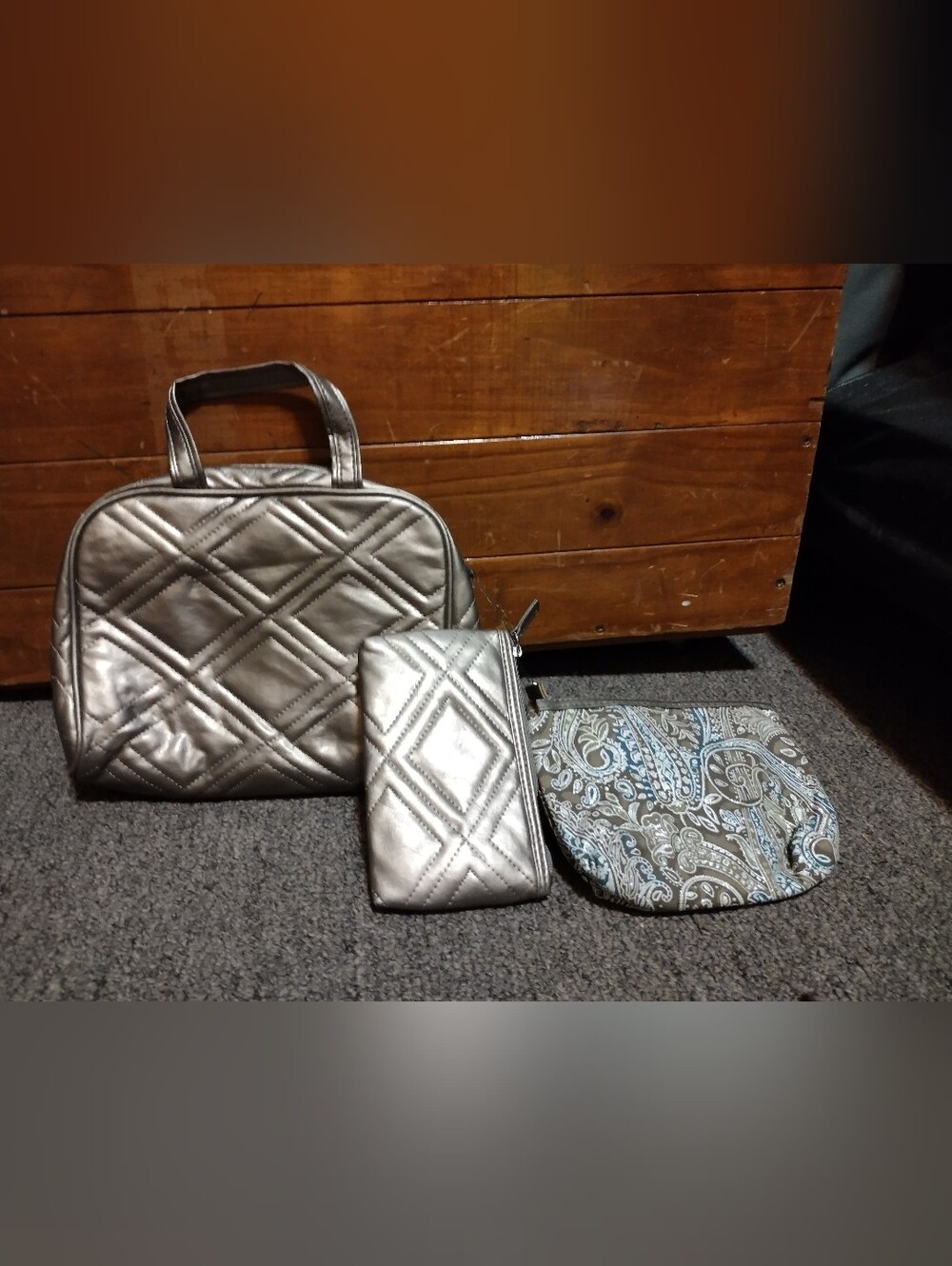 Christopher & Banks Metallic Quilted Women's Cosmetic Handbag Set - 3 Piece